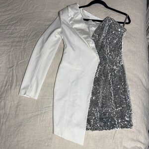 Miss Circle White & Silver One-Shoulder Sequin Blazer Dress Size L